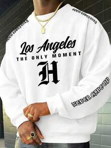 Men's Casual Commuter Los Angeles H Letter Print Crew Neck Long Sleeve Loose Sweatshirt, Spring/Autumn