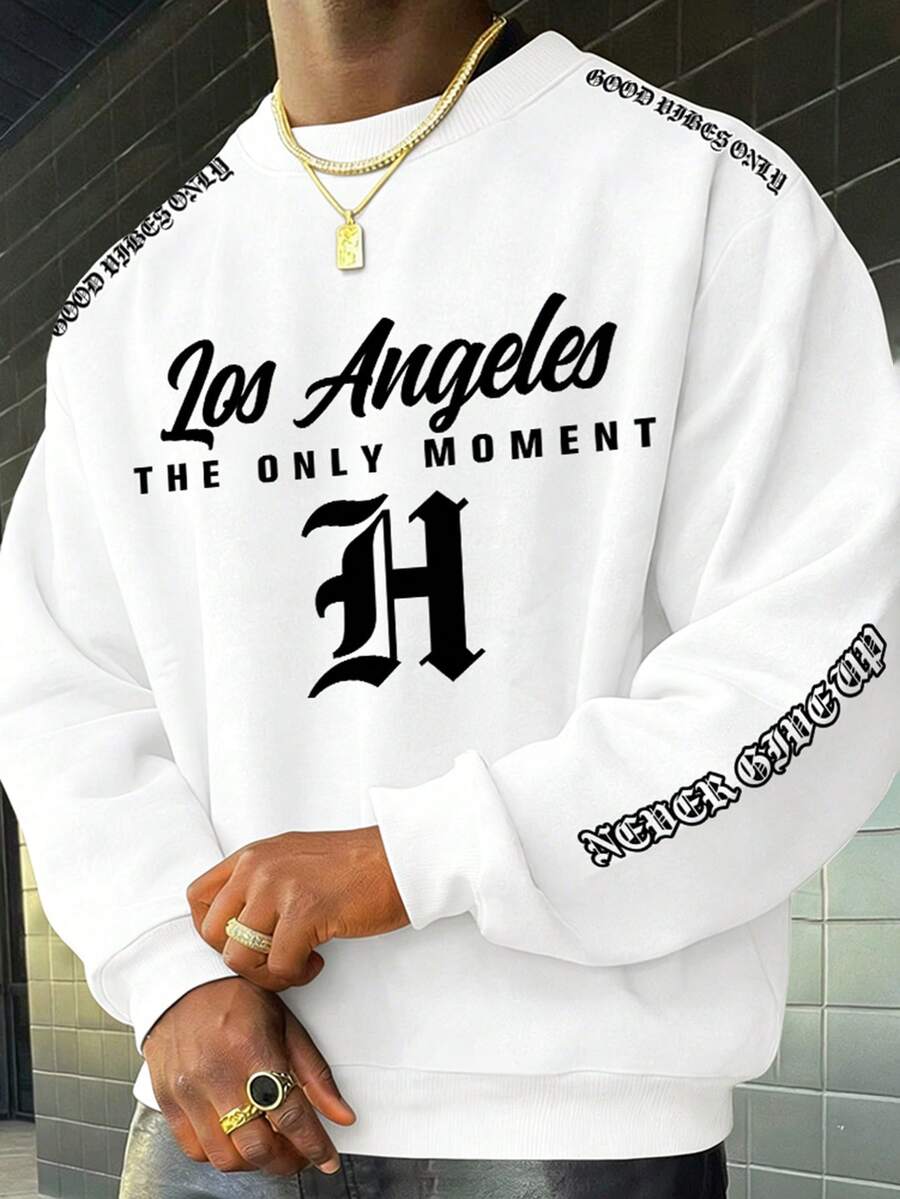 Men's Casual Commuter Los Angeles H Letter Print Crew Neck Long Sleeve Loose Sweatshirt, Spring/Autumn