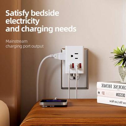 7合1旅行适配器，配备3个交流电源插座、3个USB接口和1个Type-C快充接口，国际通用电源适配器，包含欧标/英标/美标/澳标插头，适用于家庭、办公室、旅行和学习等多种场合。