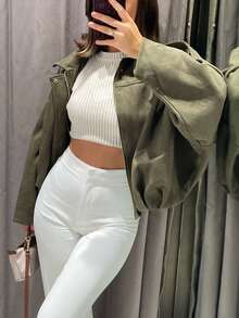 Women's Suede Bomber Jacket, Lapel Collar Long Sleeve Zipper Loose Outerwear, Casual New Style Fashion Coat, Spring/Autumn - Army Green - View 3