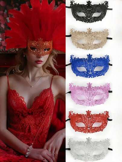 12个/6个/1个 优雅威尼斯化妆舞会面具，带闪光粉半脸面具，适用于表演、角色扮演、万圣节、狂欢节派对装饰和节日服装