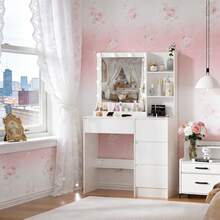 New Dressing Table With 10 LED Lights Mirror 4 Drawers Vanity Make Up Desk Set - White - View 3