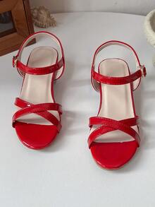 Girls' Elegant High Heel Sandals, Size 26-36 | Chunky Transparent Heel And Ankle Strap | Multi-Color Metallic Shoes, Suitable For Flower Girl, Communion And Formal Occasions - Red - View 3