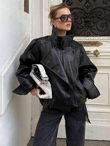 女士时尚仿皮夹克，长袖带口袋和拉链，复古高街新款外套 - 黑色 - 查看 4