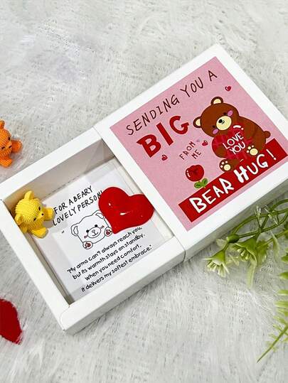 1pc My Little Worry Bear Mini Gift Box With Encouraging Card - Pocket-Sized Resin & Paper Bear Hug Keepsake, Heartwarming Friendship Memento, For Weddings Gifts, Small Gift Box, Crafted With Love, Heartfelt Design, Wedding Guests Gift