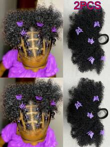 2 Pcs 4-Inch Kids Afro Kinky Curly Hair Ponytail Extensions With Mini Butterfly Clips And Black Elastic Bands, Synthetic Fiber - Natural Black - View 8