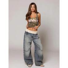 Women's Casual Loose Washed Wide Leg Jeans, Vintage Jeans, Streetwear Oversize Jeans Winter Clothes For Women, Western Wear Women - 紫紅色 - 查看 5