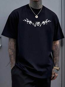 Manfinity Dauomo Hombre Verano letra impresa cuello redondo manga corta camiseta casual - Negro - Ver 1
