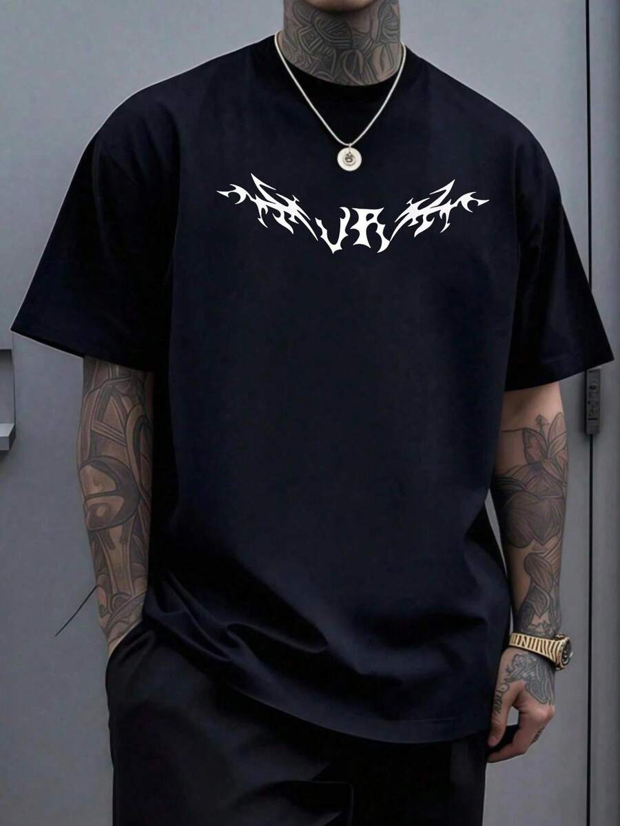 Manfinity Dauomo Hombre Verano letra impresa cuello redondo manga corta camiseta casual - Negro - Ver 1