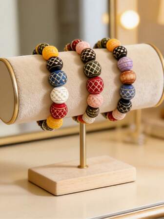 1 pieza Pulsera de cuentas de madera, pulsera hecha a mano con cuentas de madera de colores y textura de madera, accesorio de mano unisex, pulsera de uso diario, regalo del Día de San Valentín