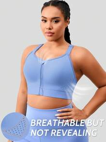 1pc Women Plus Size Front Zip Sports Bra, Lift And Adjust Sagging Bust, Casual Wear Camisole - Blue - View 2