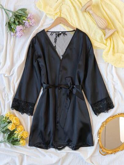 1pc Women's Sexy Backless Lace Mesh Robe With Tie Waist, Suitable For All Seasons, Essential For Home Wear