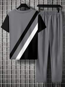 男士时尚印花圆领短袖T恤和裤子套装 - 彩色 - 查看 5