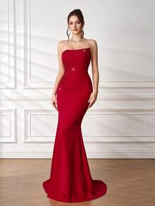 Elisanya 浪漫红色无袖露肩长款正式晚礼服，优雅礼服，适合婚礼、宴会、宾客等场合，露肩设计，饰有串珠和开衩，魅力十足，适合婚礼、伴娘、周年纪念、新年、情人节派对等场合。 - 紅色 - 查看 6