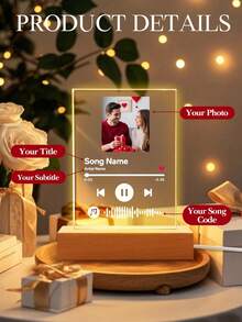 1pc Custom Music LED Night Light, Custom LED Music Plaque, Personalized Led Lamp With Picture And Wooden Base, Personalized Song Acrylic Plaque, Custom Picture Song Lamp, Music Photo Plaque Gift, Light Up Music Plaque, Valentines Gift, Couple Gift, First Wedding Anniversary Gift - Classic - Base B (Seven Color Light) - View 4