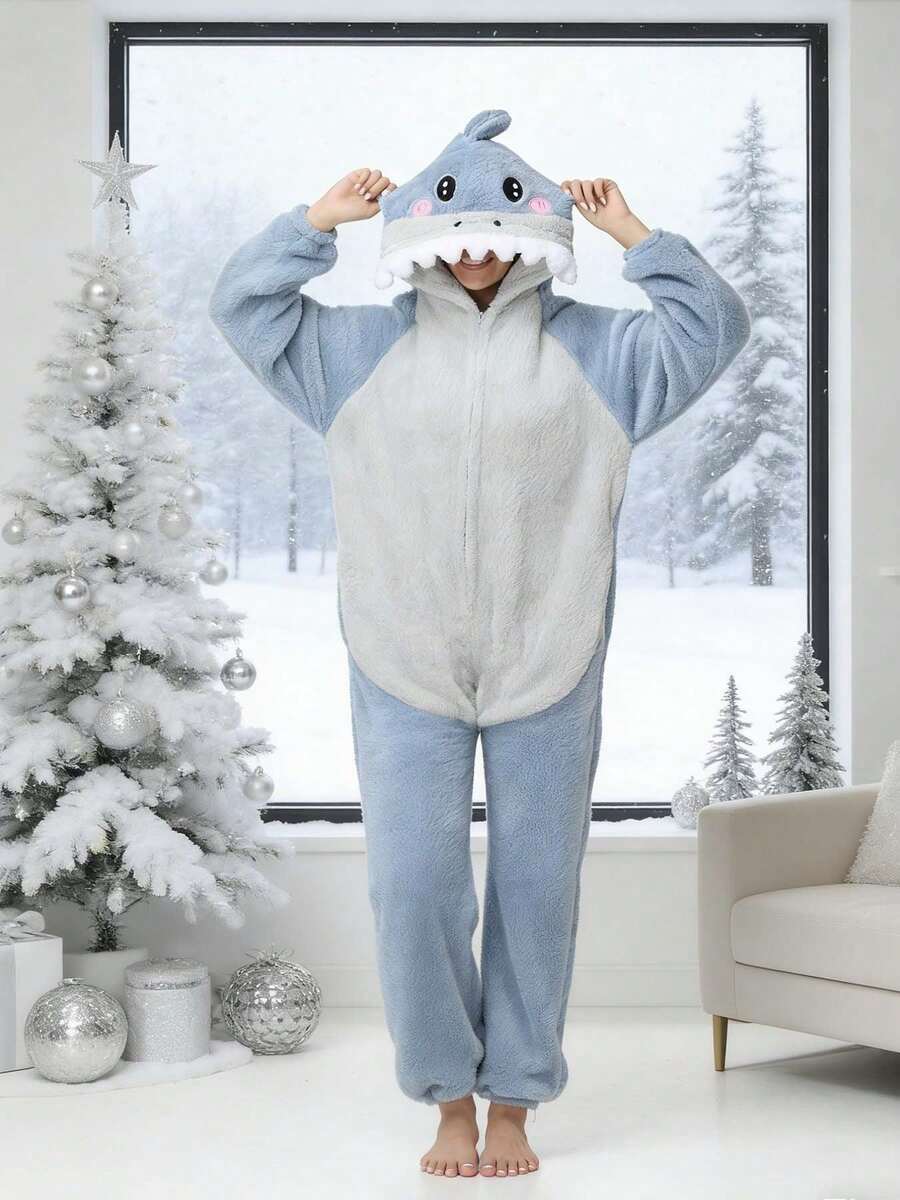Women's Shark Pattern Hooded Pajama Jumpsuit With Pockets And Hood, Cozy Shark Pajamas For Winter, Cute Animal Home Sleepwear For Adults - Màu xanh nhạt - Xem 1