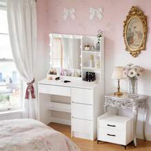 New Dressing Table With 10 LED Lights Mirror 4 Drawers Vanity Make Up Desk Set - White - View 5