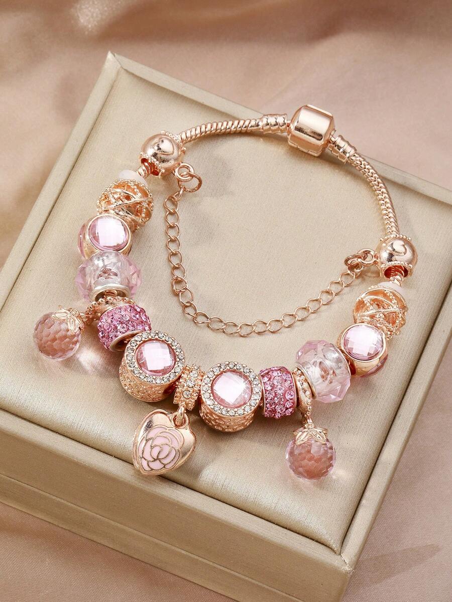1pc 19cm/7.48in Double Layer Rose Petal Heart Pendant Bracelet, Elegant Handmade Jewelry With Sparkling Rhinestone Polymer Clay Spacer Beads And Snake Chain, Perfect Gift For Mom, Daughter, Sister Or Girlfriend On Valentine's Day, Birthday, Christmas And Anniversary
