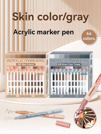 22/44 Colors Acrylic Paint Markers, 22pcs Set - Skin Tone/Grayscale Series, Fine 0.7mm Tip, Suitable For Stone, Wood, Metal, Glass, Canvas, Crafts, Quick Drying Graffiti