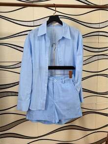 Linen Shirt And Shorts Set (2 Pieces) - Light Wash - View 1