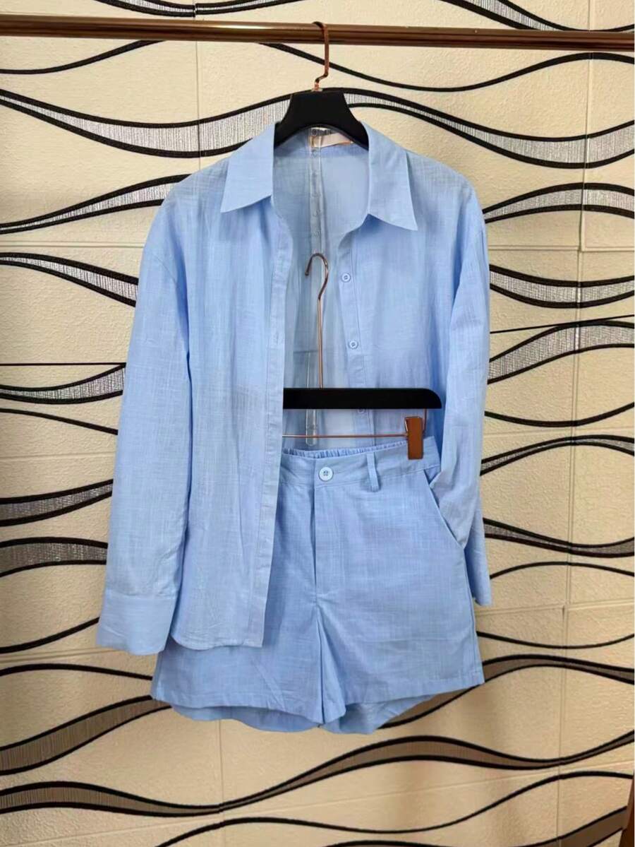 Linen Shirt And Shorts Set (2 Pieces) - Light Wash - View 1