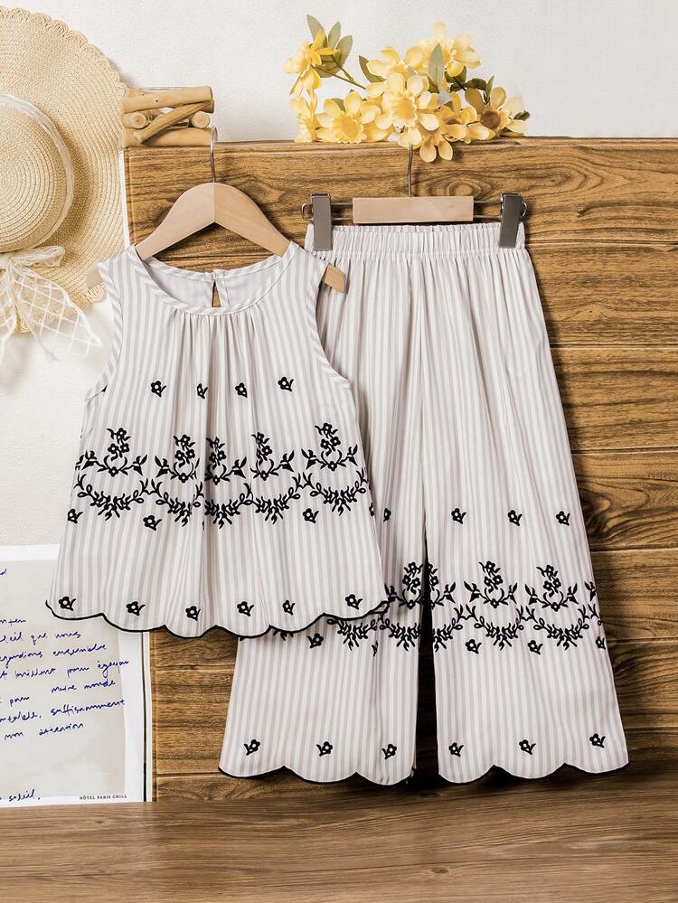 Young Girl' Retro Striped Print Sleeveless Outfit, Vintage Striped Design With Delicate Embroidered Hem, Sleeveless Top + Wide Leg Pants, Comfortable And Stylish, Suitable For Daily Wear, Vacation, Family Gathering, Spring/Summer - Beige - View 5