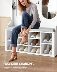 HEXCELEN Coat Rack With Shoe Bench, Wardrobe With Mirror, Shoe Storage, 10 Hooks, Adjustable Shelves, Freestanding, For Entrance Area, Hallway, 35.5 X 100 X 185 Cm, White - White - View 4