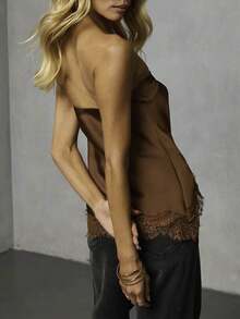 Women Strapless Satin Lace Top Y2k Lace Trim Silk Tube Top Asymmetrical Hem Going Out Bandeau Tops Off Shoulder Flowy Bandeau Layering Shirts Solid Color Sleeveless Backless Crop Tops Summer Teen Girls Going Out Tops For Party Beach - nâu đỏ - Xem 2