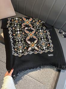 1件装女士秋冬仿羊绒刺绣围巾，加厚保暖流苏刺绣波西米亚风旅行披肩斗篷 - 黑色 - 查看 2