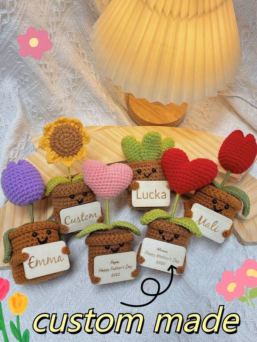 1pc Laser Engraved Customized Positive Affirmation Potted Plant, Cute Crochet Figurine, Plant Imitation, Suitable For Party, Wedding, Birthday And Valentine's Day Novelty Gift - Multicolor - View 1
