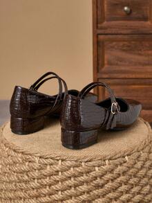 MonaNise Giày Mary Jane nữ đế thấp, gót dày 3cm, màu đen, ánh kim, màu xanh navy và đỏ tía. - Nâu sẫm - Xem 5