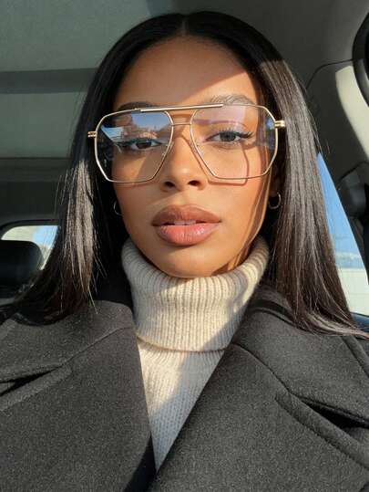 1 pieza Gafas cuadradas de mujer con doble viga, marco grande, borde de seda dorado, versátiles y personalizadas. Gafas de lectura de ordenador exquisitas y de moda, adecuadas como accesorios de viaje y para uso diario.