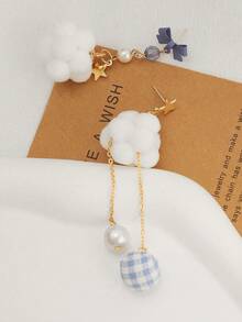 1 Pair Cute Girl Style Asymmetric Earrings With Star, Bow, Plush Cloud Designs, Accessories For Autumn/Winter - one-size - View 3