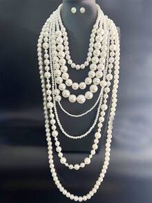 1pc Multi-Layer ABS Pearl Necklace, White Jewelry, Luxury Gift For Women, Suitable For Party, Wedding, Prom, School - White 7-layer Long Pearl Necklace - View 6