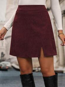 2件套加大码女式纯色休闲家居服半身裙套装，带开衩裙摆 - 彩色 - 查看 3