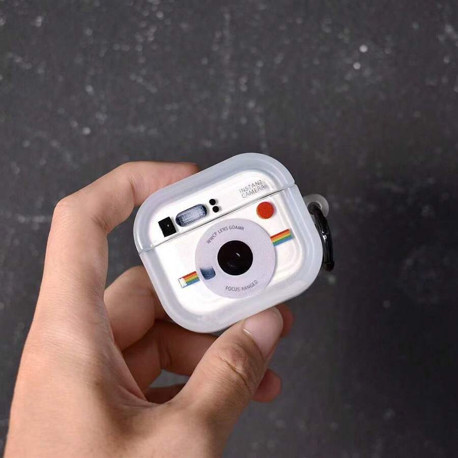 一套创意相机涂鸦设计软质保护套，带挂绳夹，兼容苹果1/2/3/Pro2无线蓝牙耳机 - 彩色 - 查看 1