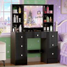 7 Drawers Vanity Makeup Desk With LED Lighted Mirror Dimmable Dressing Desk - Black - View 7