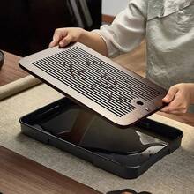 一套带沥水托盘的木制茶具，家用及户外功夫茶托盘，便携式茶托盘，咖啡托盘，食物托盘