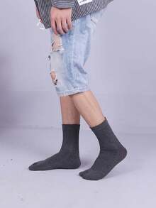 5 Pairs Men's Solid Color Cotton Toe Separator Mid-Calf Socks, Moisture-Wicking Breathable Sports Socks