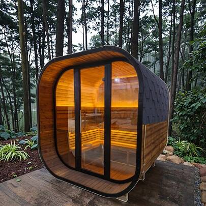 Sauna exterior de abeto carbonizado de lujo con pared de vidrio panorámica| Retiro de Bienestar en el Patio Trasero