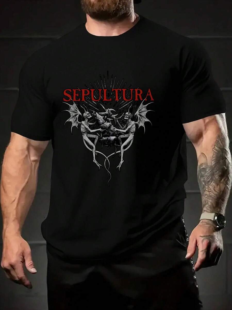 Camiseta Casual Negra para Hombre con Diseño Intrincado de Ángel Texto SEPULTURA Manga corta. Cuello redondo. Poliéster. Ropa de Verano. Camiseta gráfica de verano casual, tela de poliéster. Camiseta - Negro - Ver 1
