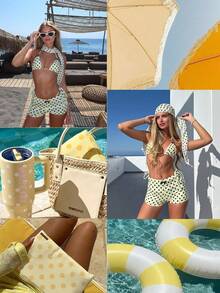 新款女士时尚休闲优雅性感黄色波点印花沙滩度假派对泳装套装，春夏款 - 彩色 - 查看 4