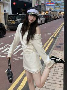 Y6Y 2-Piece Set: Polka Dot Splice Design Asymmetrical Shoulder Long Sleeve Top And High Waist Bodycon Mini Skirt, Soft Korean Style, New Arrival Autumn/Winter 2025