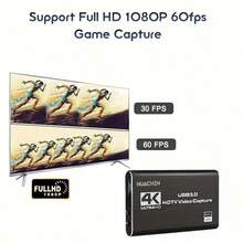 4K 高畫質電視影片擷取卡，支援 1080P 60 幀率，USB 3.0 介面，免驅動即插即用，適用於遊戲、直播、會議、行動錄影設備及串流影片電子設備 - 黑色 - 查看 4