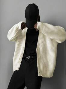 Men's Casual Loose Ribbed Button-Up Long Sleeve Knit Cardigan, Versatile For Commuting, Autumn/Winter - Beige - View 1