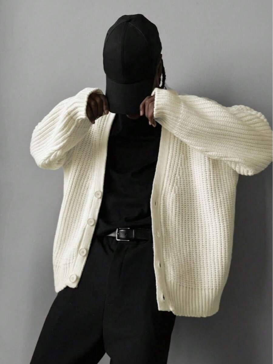 Men's Casual Loose Ribbed Button-Up Long Sleeve Knit Cardigan, Versatile For Commuting, Autumn/Winter - Beige - View 1