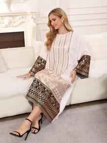 2026 New Style Ramadan Traditional Elegant Dress, Gold Beaded Embroidery, Arabic Women's Dress With Patchwork Hem, Round Neck Long Sleeve, Fashionable And Graceful - White - View 8