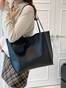 Large Capacity Solid Color Simple Tote Bag, Suitable For Shopping, Wallet, Young Women, College Students, Beginners, White-Collar. Ideal For Office, University, Work, Business, Commuting, Outdoor Activities, Travel And Picnics - Black - View 4