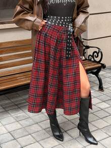 女士优雅Y2K纯红色格子A字裙，休闲中长格子裙，适合派对、通勤、新年、情人节等场合 - 彩色 - 查看 3