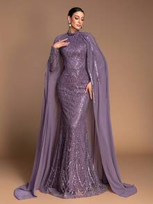 Women's Heavily Beaded & Sequined Stand Collar Long Sleeve Cape Dress, Luxury Wedding, Formal Evening Gala, Prom, Awards Ceremony, Corporate Party Gown, High-End Elegant Party Dress - 深紫色 - 查看 4